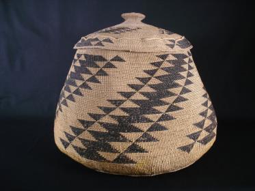 A large fancy Hupa basket with lid A large fancy Hupa basket with lid