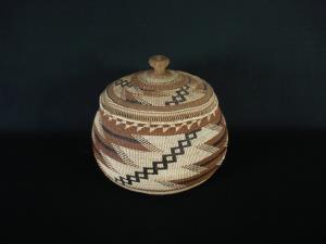 A fine Northern California Hupa polychrome lidded basket